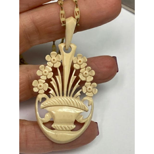 Antique Carved Bovine Flower Basket Pendant w/ Delicate Carved Chain
