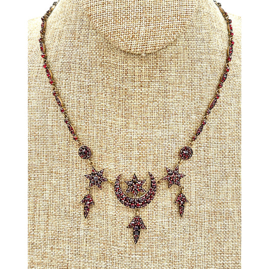 Antique Victorian Bohemian Rose Cut Garnet Moon & Stars Necklace