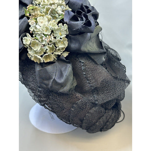 Vintage Victorian Wire Framed Black Net Ribbon & Velvet Flowers Hat