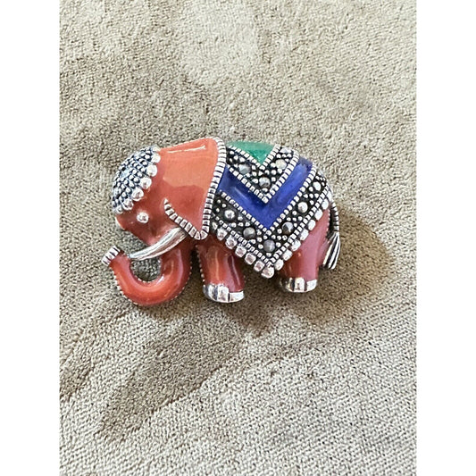 Sterling Silver Enamel Marcasite ELEPHANT Brooch Pin. 1 3/8” X 1”. 11 grams.