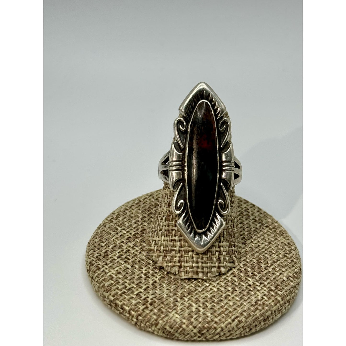 Sterling Silver Oblong Stamp Work Grey and Orange Oval Cabochon Stone Ring Size 5.5