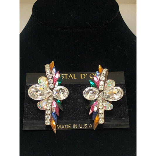 Huge 1980's multi Color Crystal Clip Back Earrings on Card
