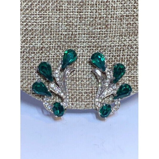 Vintage Weisner Silvertone Green Clear Rhinestone Clip Back Earrings