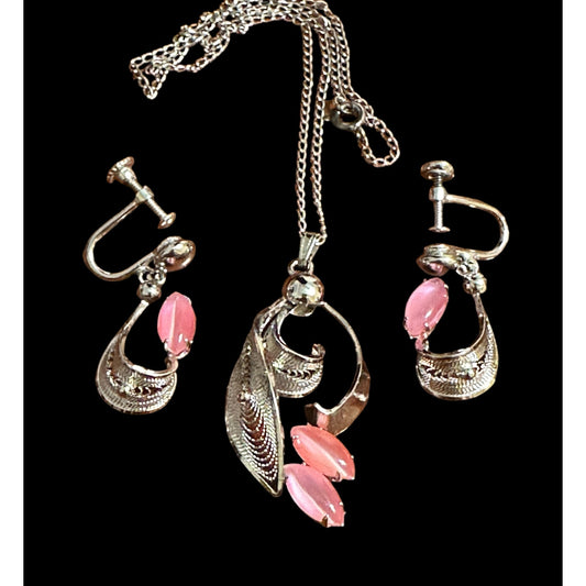 Sterling Silver Pink Cats Eye Pendant Necklace & Dangle Screw Back Earrings
