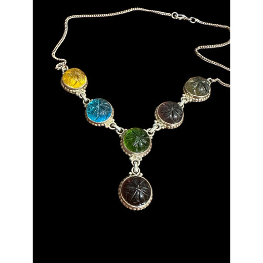 Vintage Sterling Silver Multicolor Molded Glass Dome Shaped Stones Drop Necklace