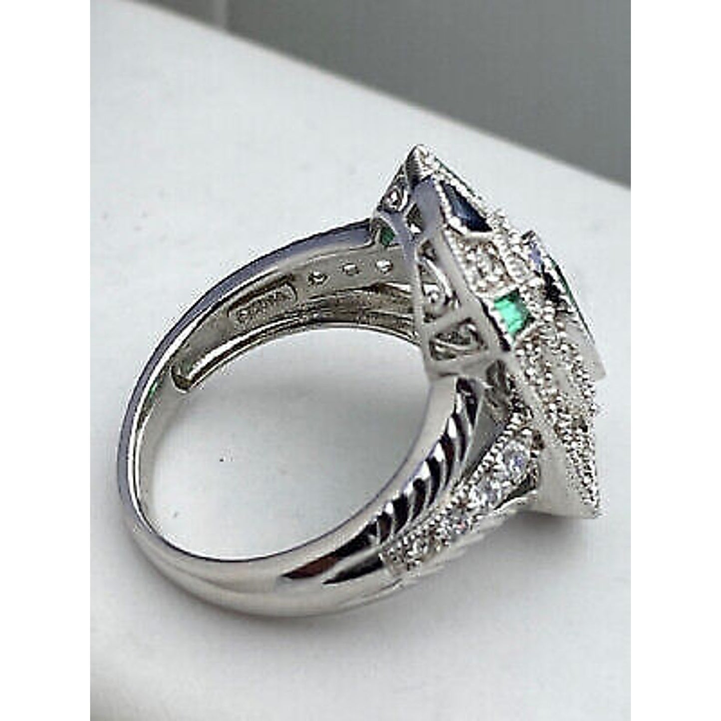 Sterling Silver Green Clear and Blue Stone ART DECO Style Ring Sz 7.25