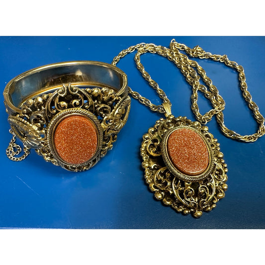 Vintage Victorian Style Goldtone Goldstone Necklace & Hinged Bangle
