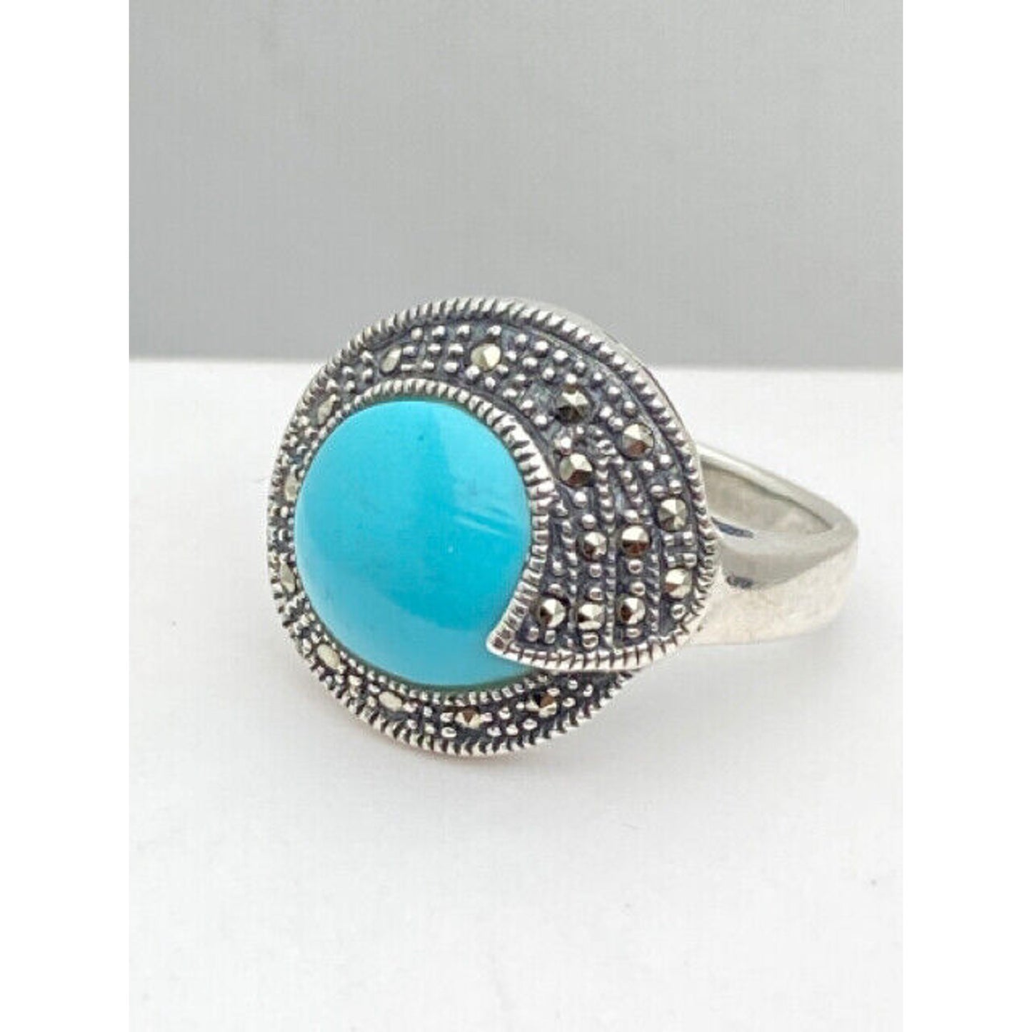 Sterling Silver Marcasite Blue Stone Ladies Ring Size 6 3/4 Ring