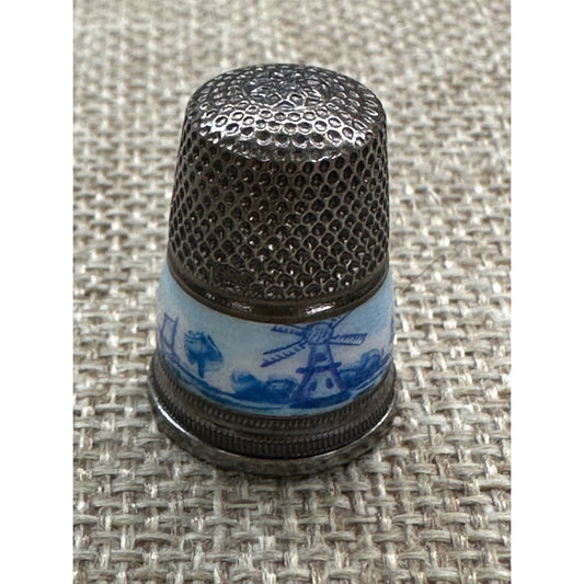 Vintage Sterling 935 Silver DUTCH DELFT ENAMEL THIMBLE - Windmill Landscape