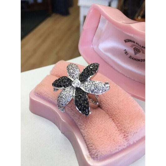 Sterling Silver Ladies Black & Clear CZ Rhinestone Sz7 FLOWER Ring