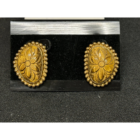 Sterling Silver Gold Vermeil Carved Tigers Eye Large Clip Back Earrings