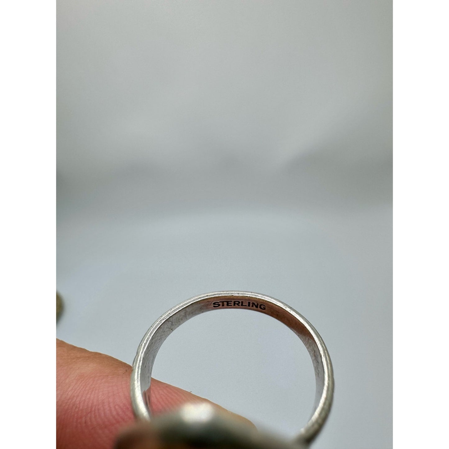 Sterling Silver Oblong Stamp Work Grey and Orange Oval Cabochon Stone Ring Size 5.5