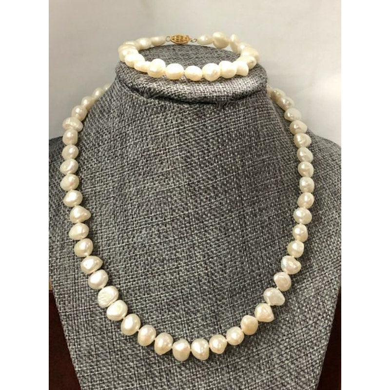 Vintage 14K Gold Fish Clasp JCM Cultured Freshwater Pearl NECKLACE & BRACELET