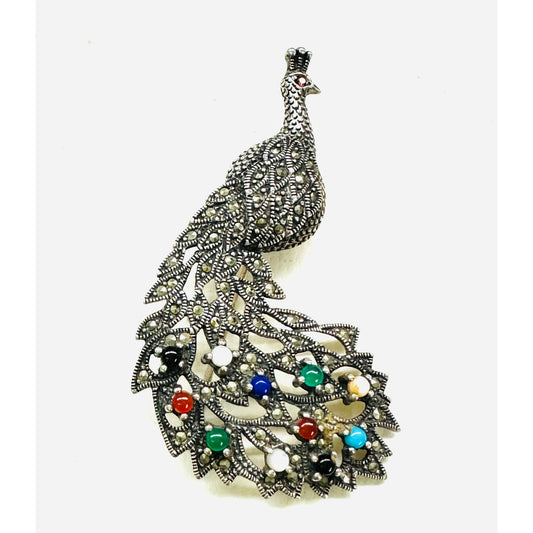 Fabulous Sterling Silver Marcasite multi stone PEACOCK Brooch Pin