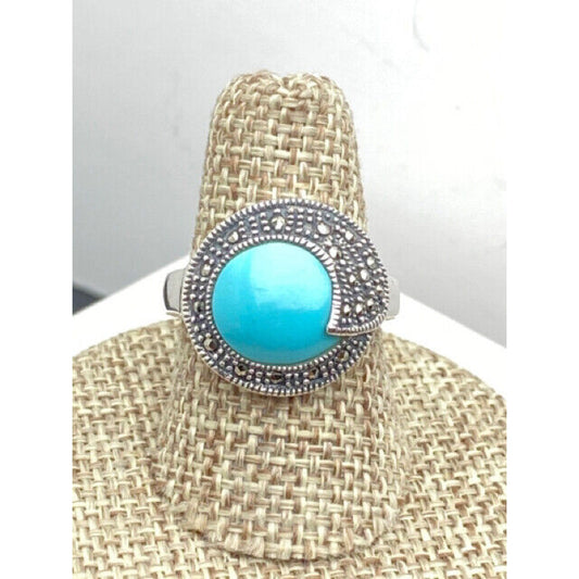 Sterling Silver Marcasite Blue Stone Ladies Ring Size 6 3/4 Ring