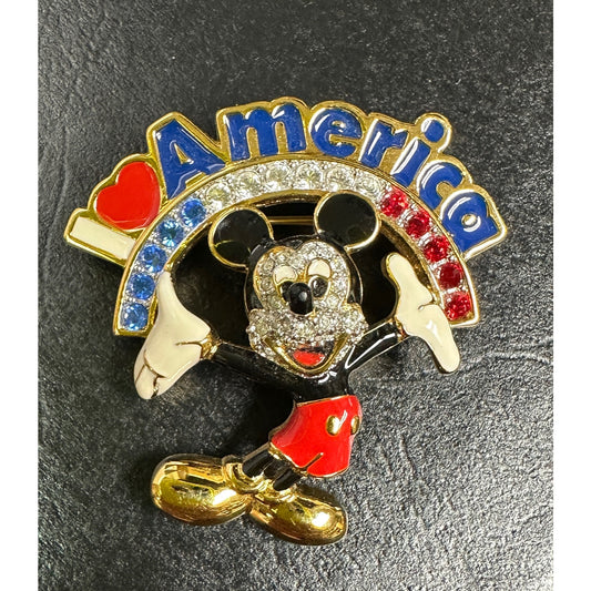 DISNEY Mickey Mouse Patriotic USA I Love America Swarovski Pin Brooch