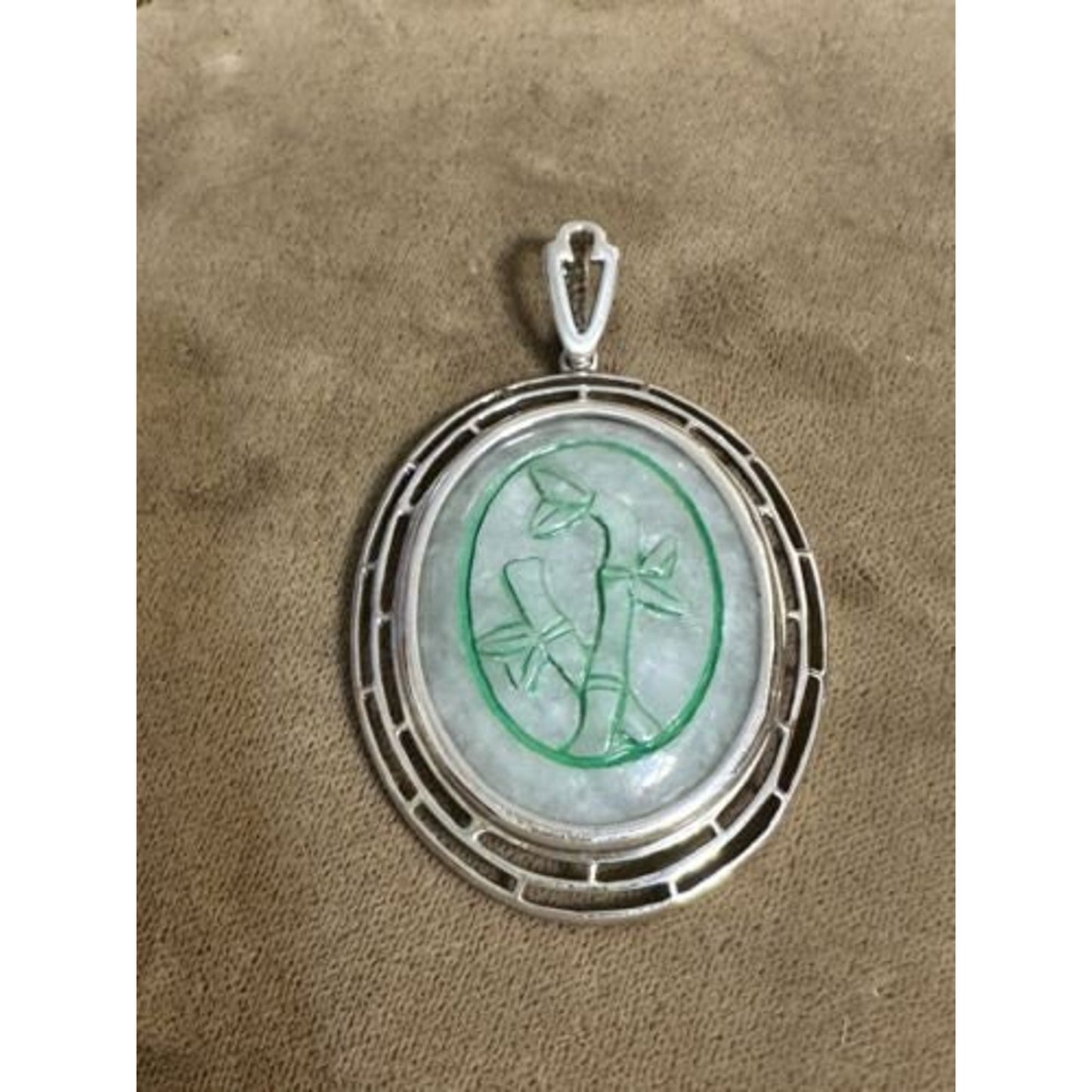 Sterling Silver Oval Jade Carved Bamboo Pendant