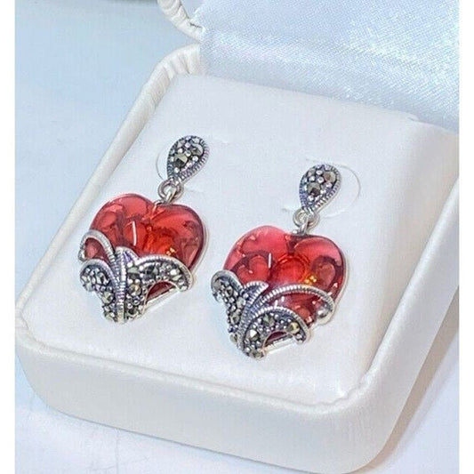 Ross Simons Sterling Marcacite Translucent Red Heart Dangle Earrings