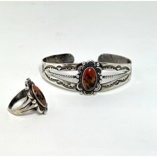 Native American Sterling Silver Red Jasper Petrified Wood Cuff Bracelet & Size 6 Ring