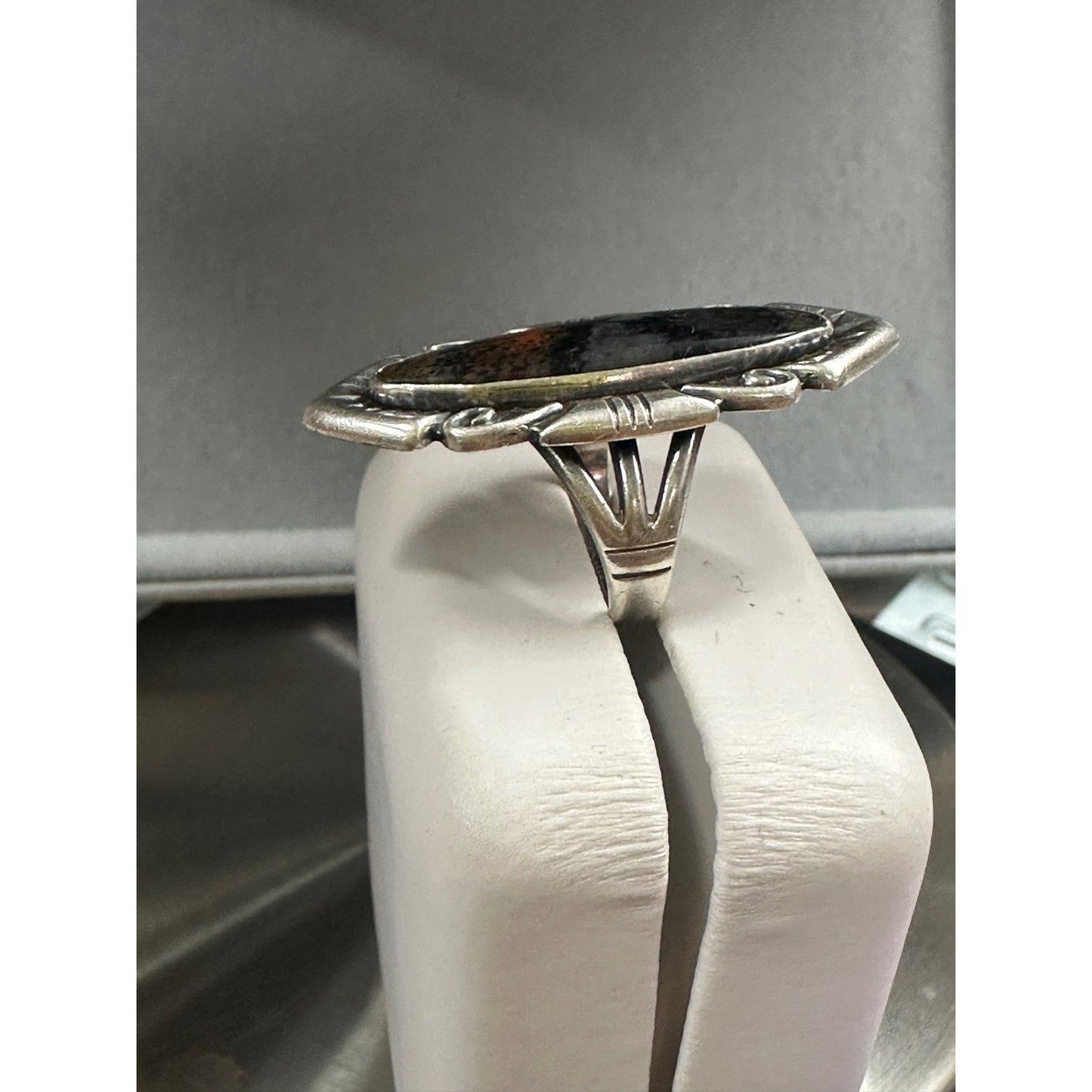 Sterling Silver Oblong Stamp Work Grey and Orange Oval Cabochon Stone Ring Size 5.5