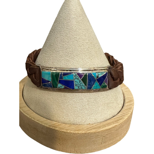 Sterling Silver Inlaid Gemstone Southwest Bracelet Leather Braided Band