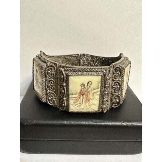 Chinese Silverplated Filigree Painted Panel Bracelet