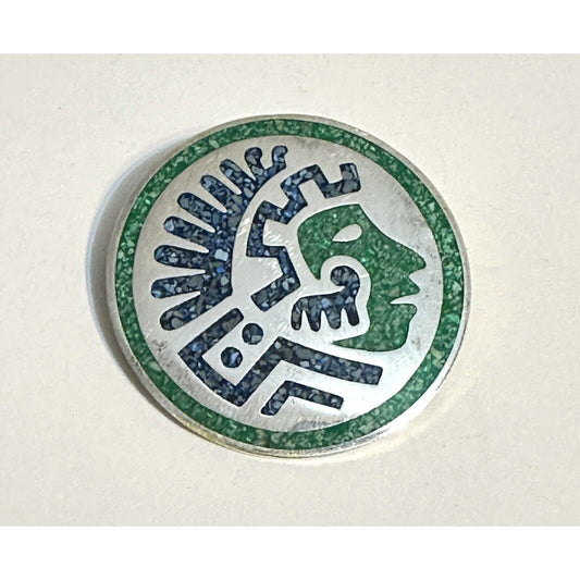 Vintage POM Taxco Sterling Silver Inlaid gemstone Aztec Pin Pendant