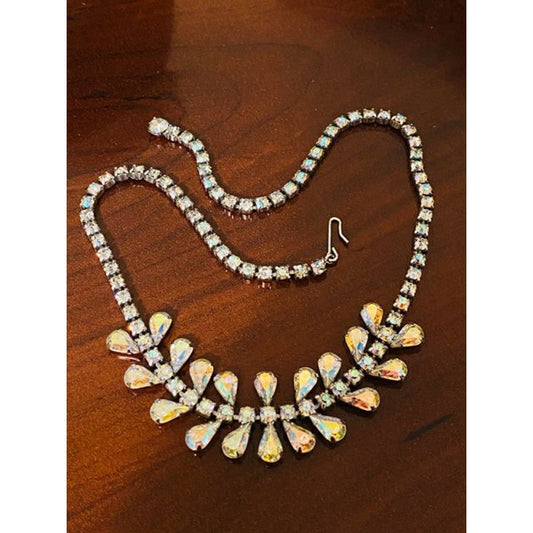 Vintage Aurora Borealis Rhinestone B. David Silvertone Necklace
