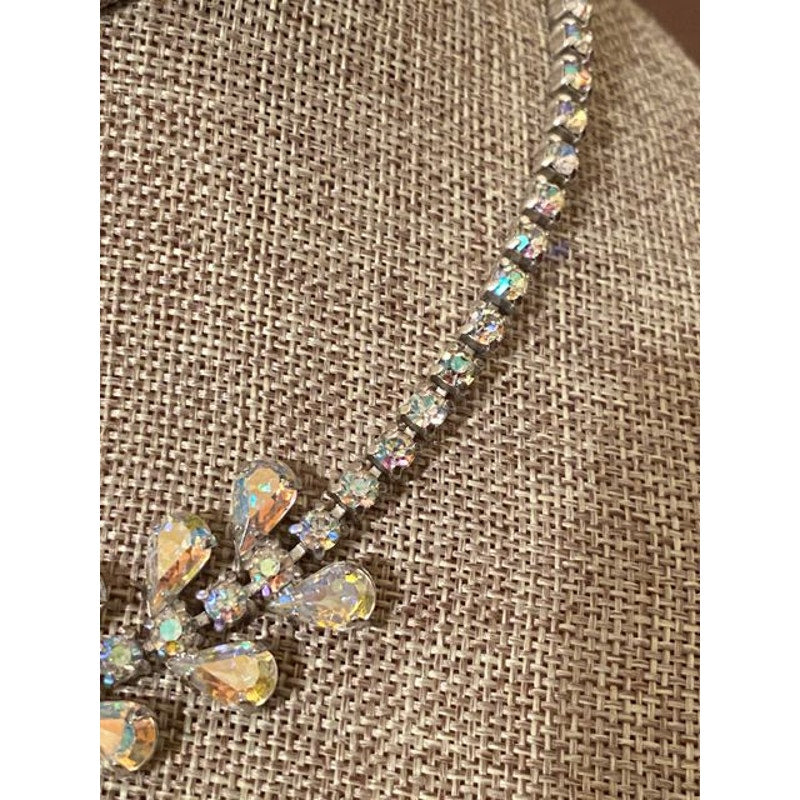 Vintage Aurora Borealis Rhinestone B. David Silvertone Necklace