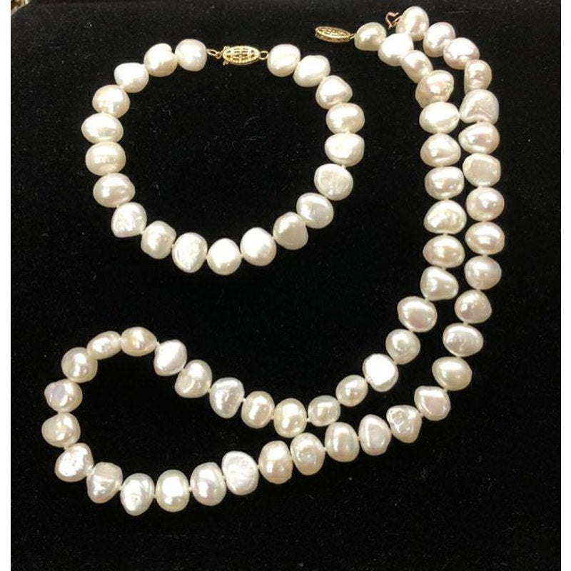 Vintage 14K Gold Fish Clasp JCM Cultured Freshwater Pearl NECKLACE & BRACELET