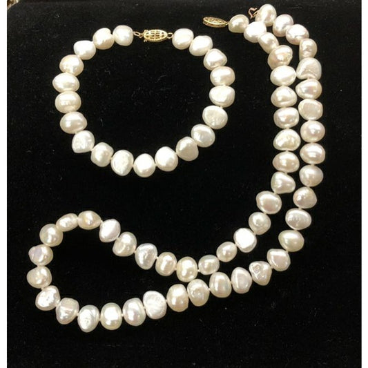 Vintage 14K Gold Fish Clasp JCM Cultured Freshwater Pearl NECKLACE & BRACELET