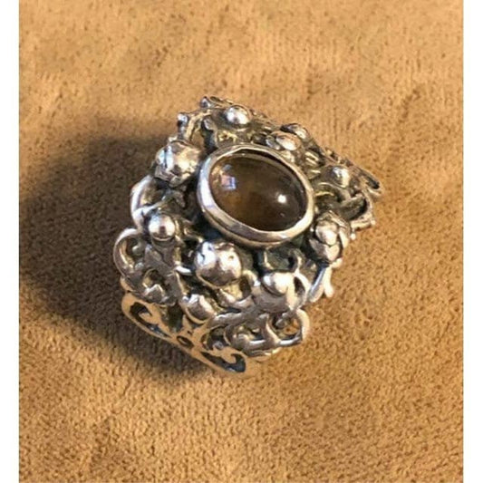 Vintage Signed GC Sterling Wide Filigree Band w/ Stone