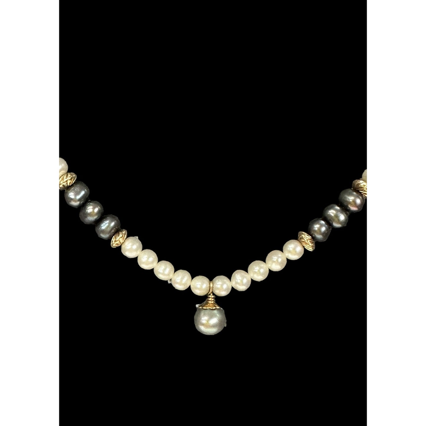 14k YG ~ White & Gray Beaded Pearl Necklace with Pearl Drop Pendant