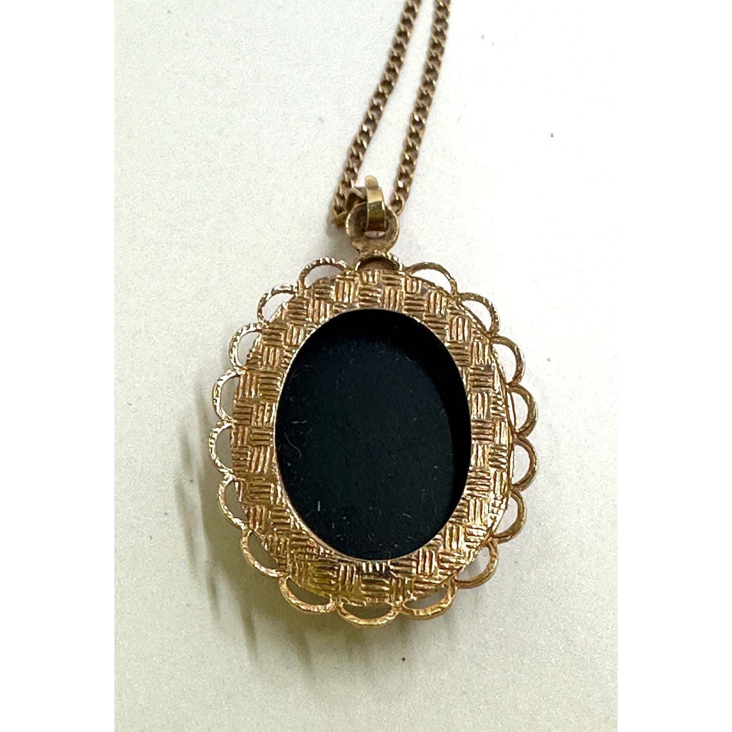 Vintage 14k Yellow Gold Filled Fancy Oval Glass Enameled Floral Bouquet Petit Point Design Pendant Necklace