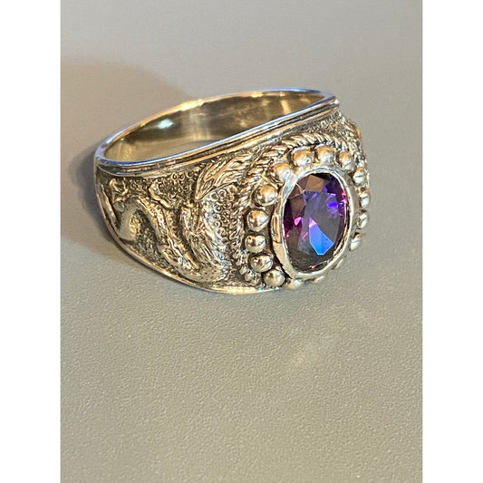 Vintage Sterling Silver Chinese Dragon Amethyst Ring Sz 8 3/4 Size