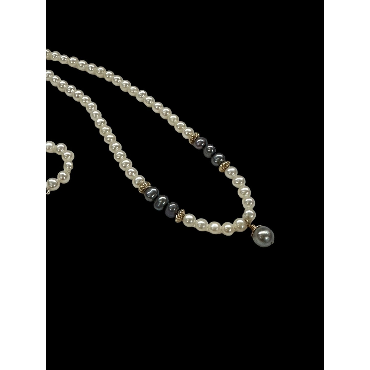 14k YG ~ White & Gray Beaded Pearl Necklace with Pearl Drop Pendant