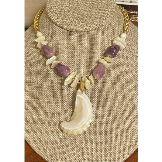 Miriam Haskell Goldtone Amethyst and MOP Shell Pendant Necklace. Excellent Condition