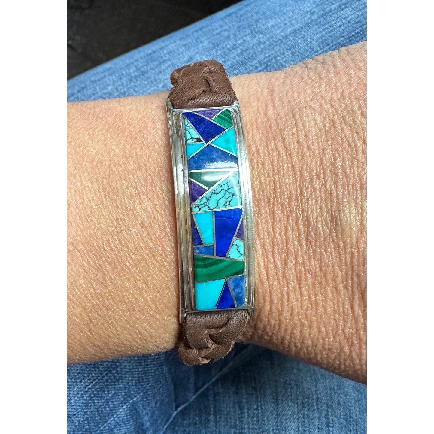 Sterling Silver Inlaid Gemstone Southwest Bracelet Leather Braided Band