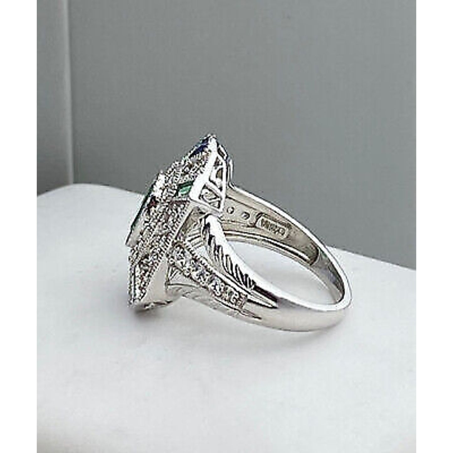 Sterling Silver Green Clear and Blue Stone ART DECO Style Ring Sz 7.25