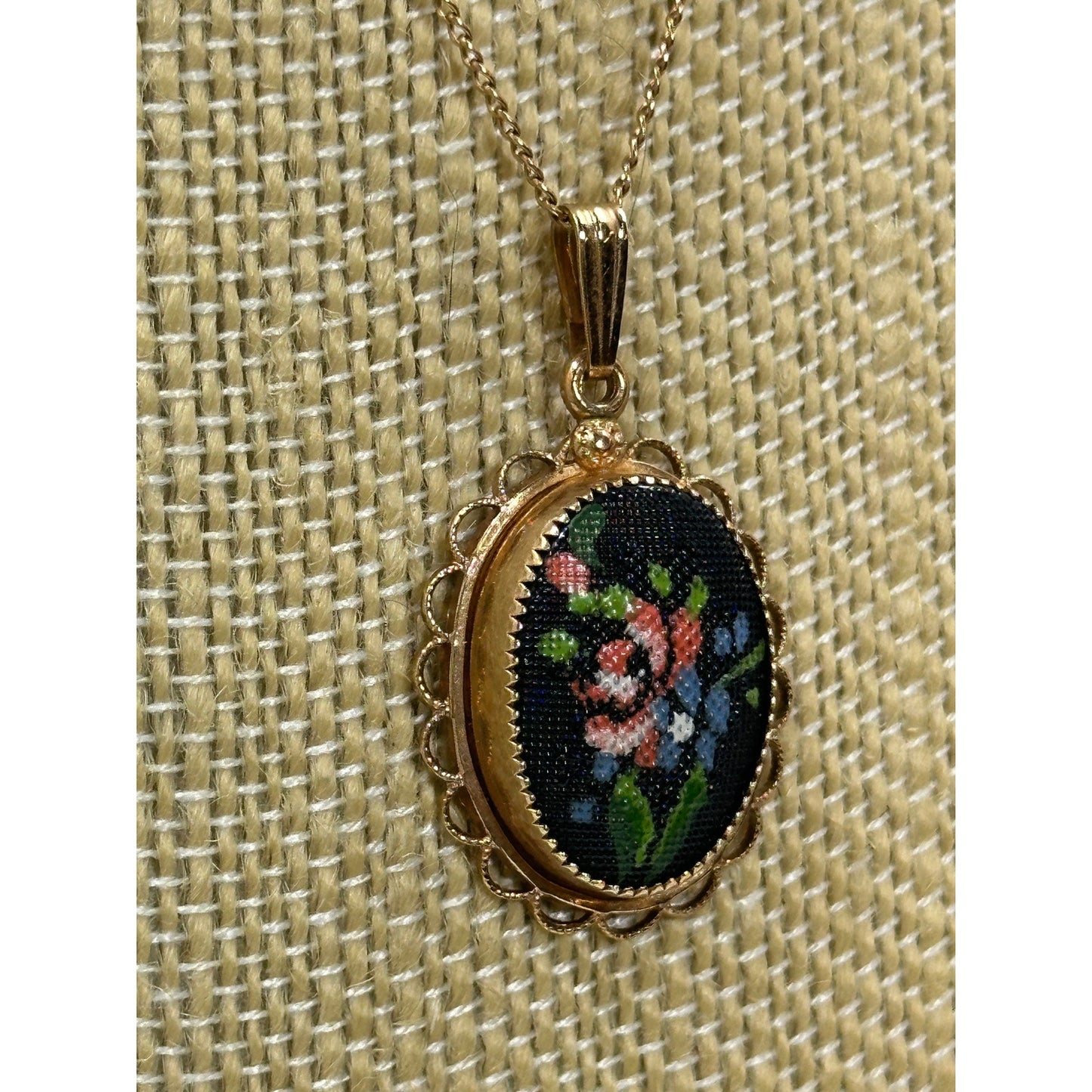 Vintage 14k Yellow Gold Filled Fancy Oval Glass Enameled Floral Bouquet Petit Point Design Pendant Necklace