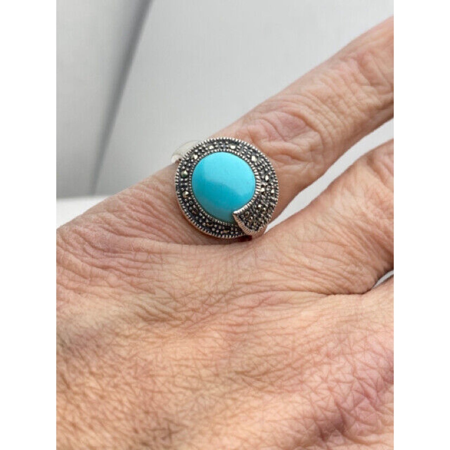 Sterling Silver Marcasite Blue Stone Ladies Ring Size 6 3/4 Ring