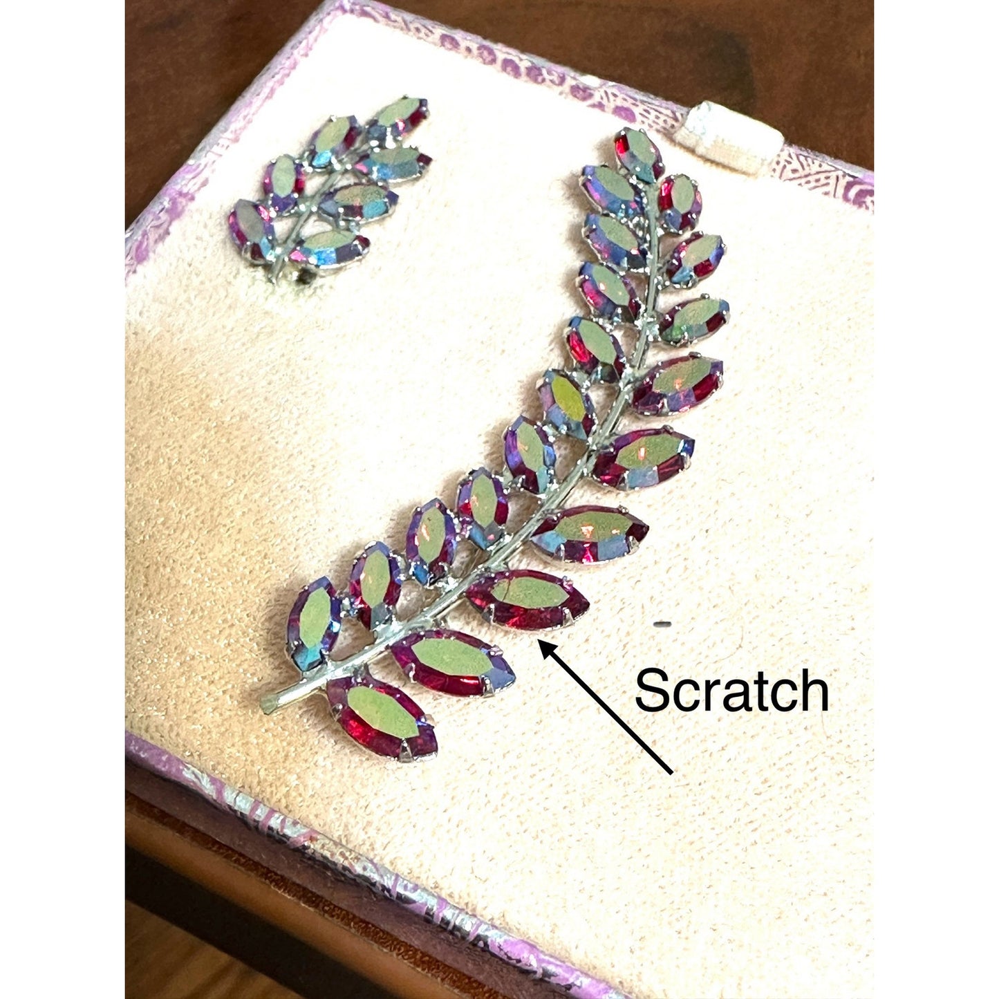 Vintage B David Red Aurora Borealis Brooch & Earrings Set.