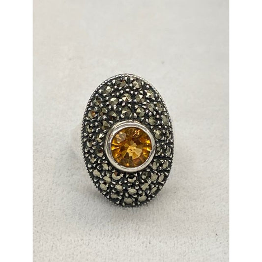 Vintage Sterling Silver Citrine Marcasite Ladies Ring Size 6