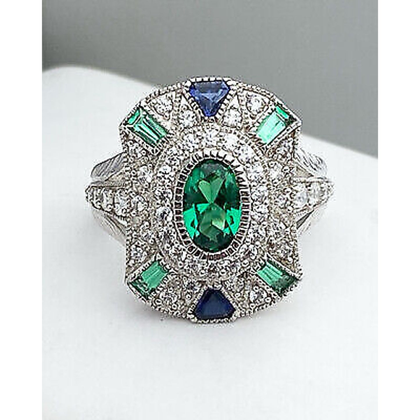 Sterling Silver Green Clear and Blue Stone ART DECO Style Ring Sz 7.25