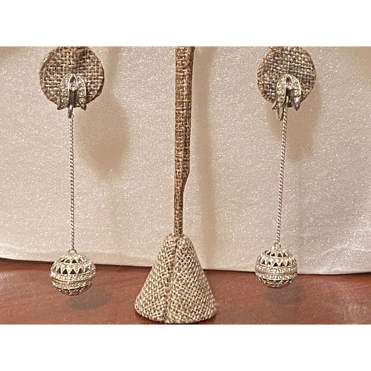 Vintage Silvertone CZ Filigree Ball Dangle Bead Clip Back Earrings