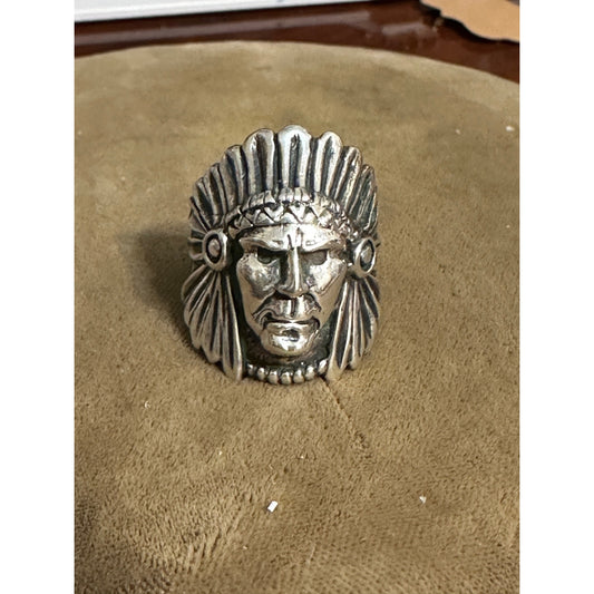 Vintage Sterling Silver Hand Made Indian Chief Head Ring 11g Size 7