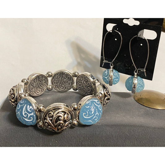 Lovely Brighton Silvertone Carved Blue Cabochon Bracelet Drop Earrings