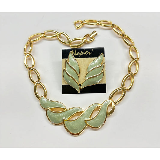 Vintage NAPIER Gold-Tone Sage Green Enamel Necklace & Earrings Set