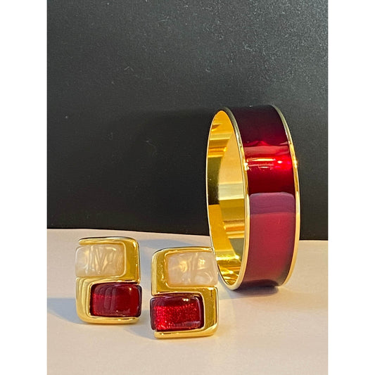 Vintage MONET Goldtone Cherry Red Metallic Bangle & Clip Earrings