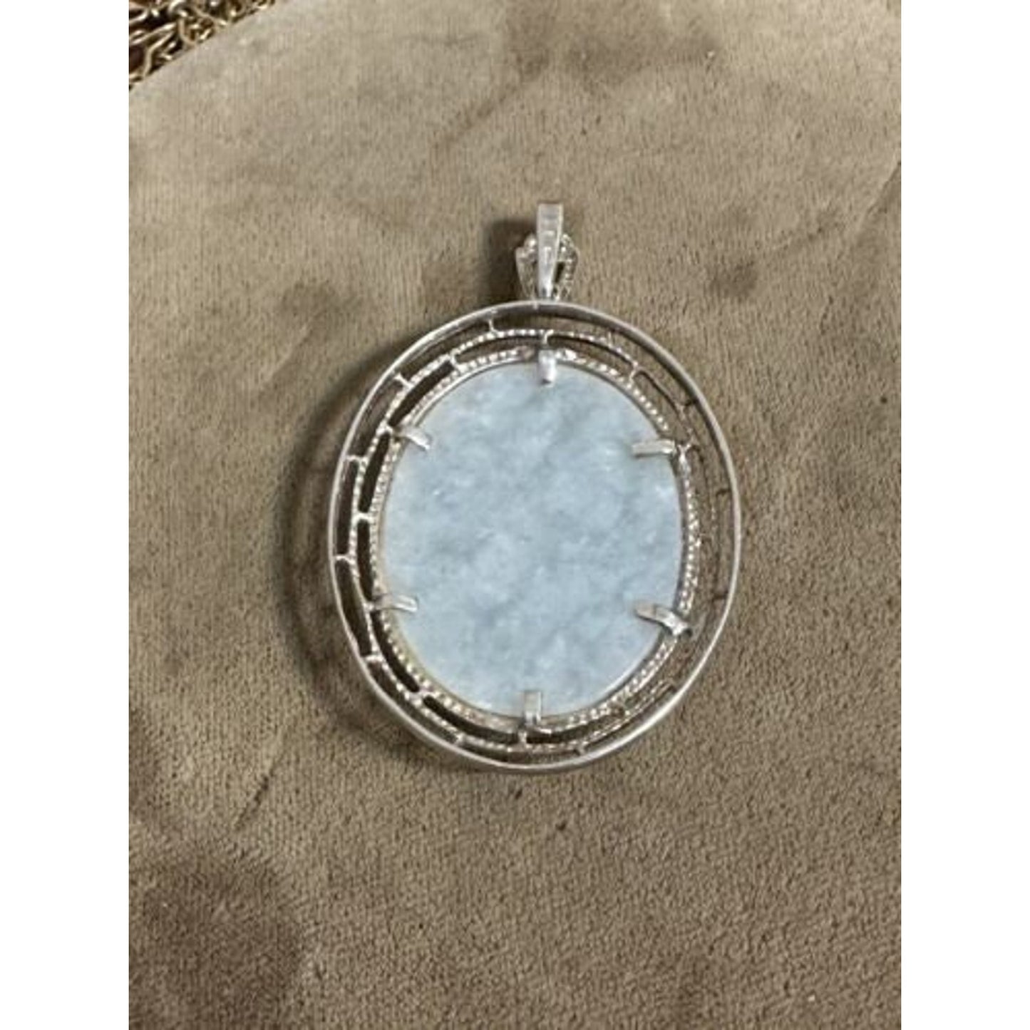 Sterling Silver Oval Jade Carved Bamboo Pendant
